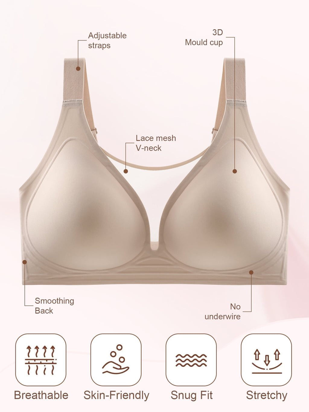 Homlouue Bras for Women Plus Size Push Up Bra Wireless with Support Bras for Women Full Coverage and Lift Deep V Mesh (Nude 4XL)