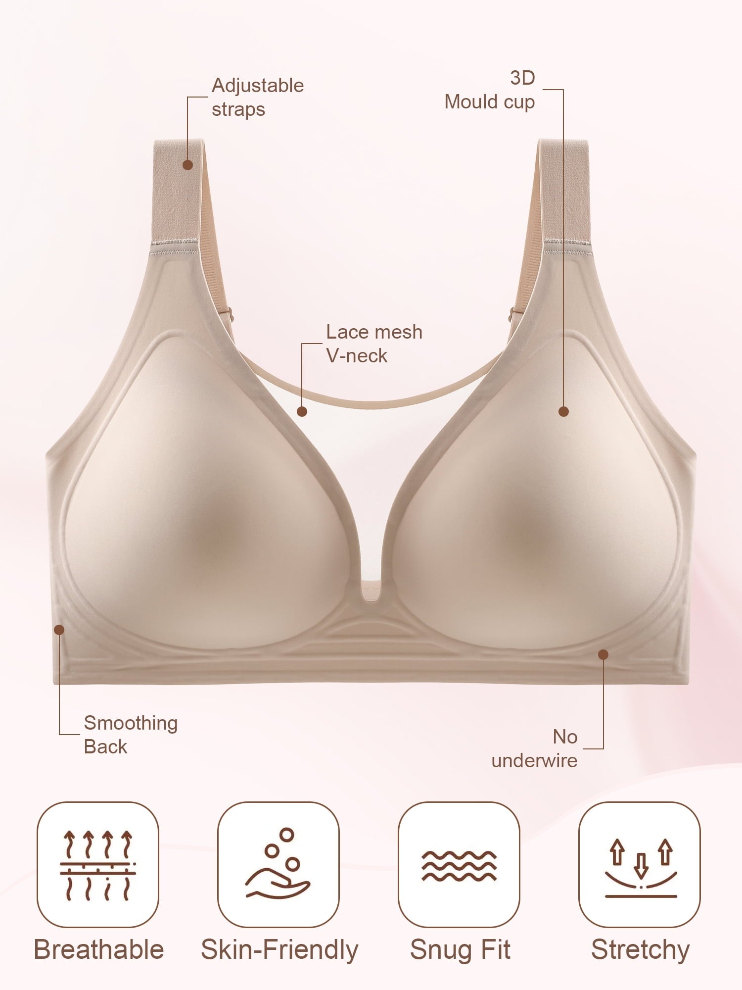 Homlouue Bras for Women Plus Size Push Up Bra Wireless with Support Bras for Women Full Coverage and Lift Deep V Mesh (Nude 4XL)