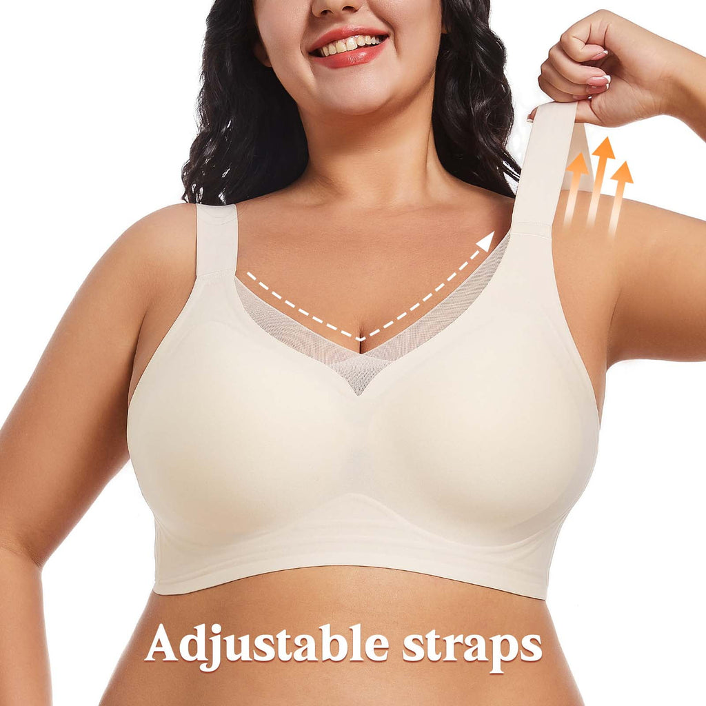 Homlouue Plus Size Bras for Women Sleep Soft Everyday Bra Deep V Mesh Nude Full Coverage Wirefree Bra 2XL