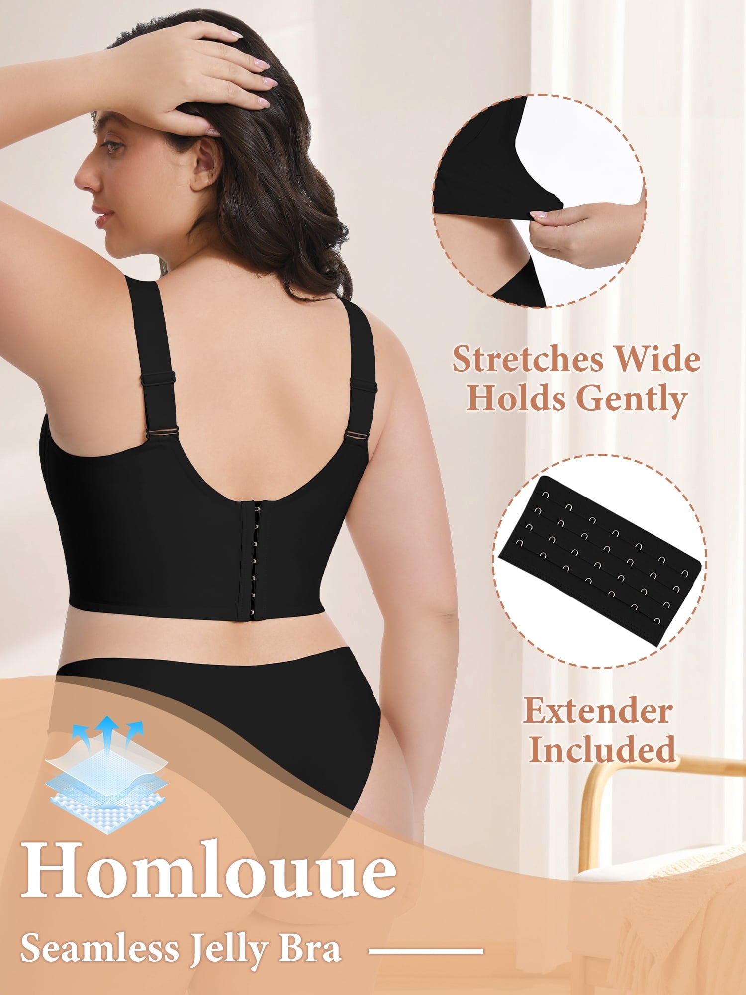 Homlouue Plus Size Wireless Bras for Women No Underwire,Jelly Bra with Support and Lift Comfortable Full Coverage Push Up Bras,XL Blcak