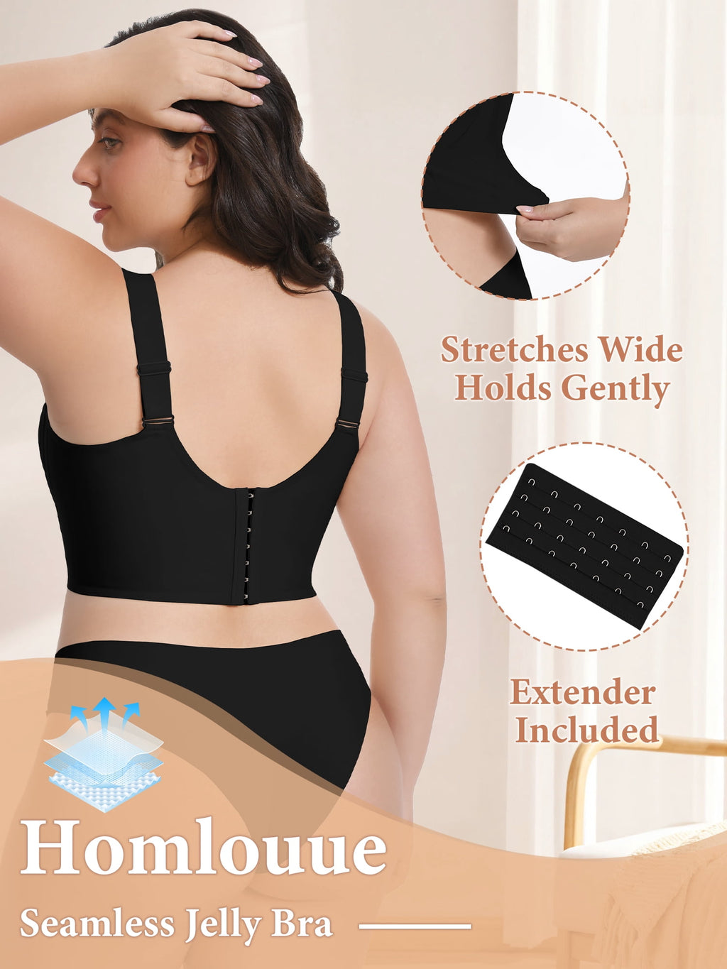 Homlouue Plus Size Wireless Bras for Women No Underwire,Jelly Bra with Support and Lift Comfortable Full Coverage Push Up Bras,3XL Blcak