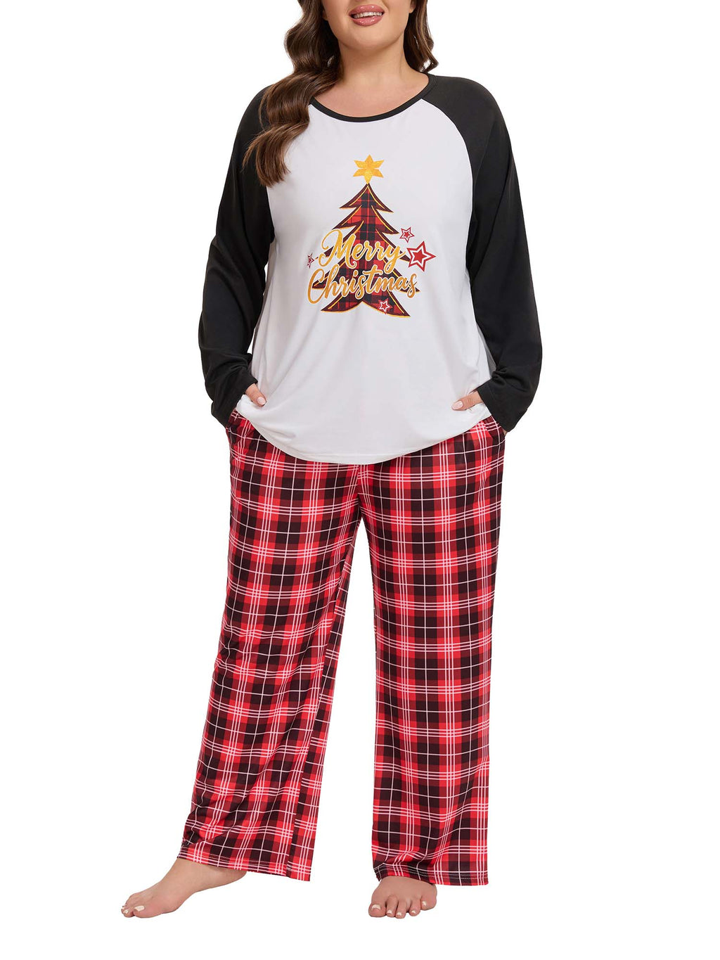 Homlouue Plus Size Christmas Pajamas for Women Two Piece Set Soft Holiday Sleepwear with Pockets Long Sleeve Red Tree Print Top and Plaid Pants 1X