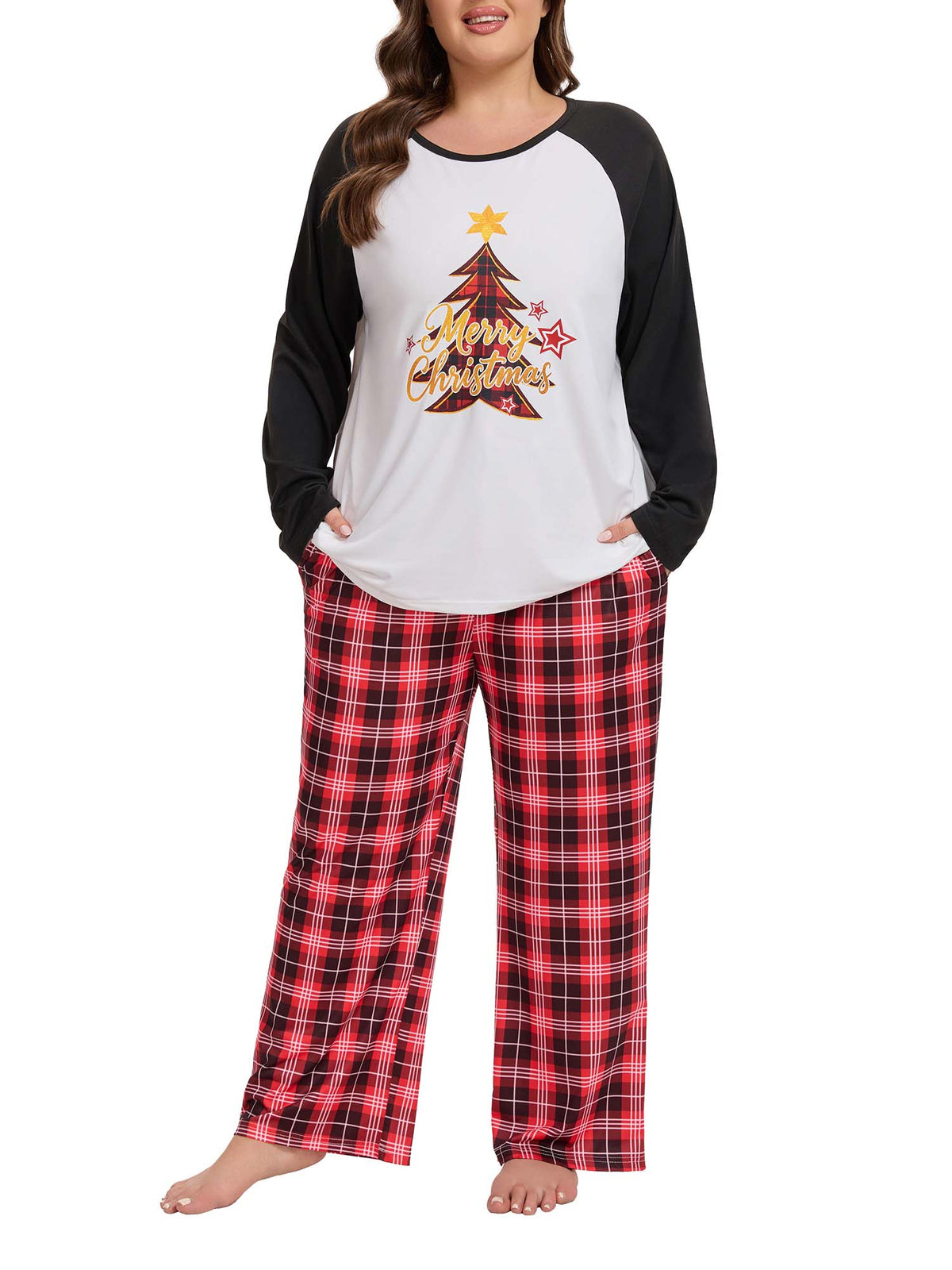 Homlouue Plus Size Christmas Pajamas for Women Two Piece Set Soft Holiday Sleepwear with Pockets Long Sleeve Red Tree Print Top and Plaid Pants 1X