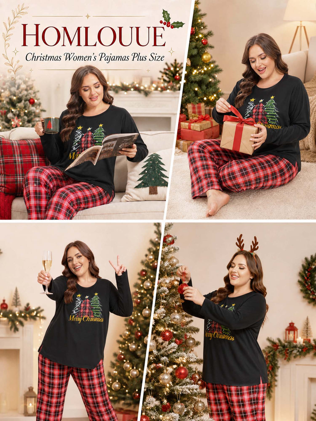 Homlouue Plus Size Womens Christmas Pajamas Loungewear for Winter Three Trees Printed Long Sleeve Top and Plaid Lounge Pants with Pockets 1X