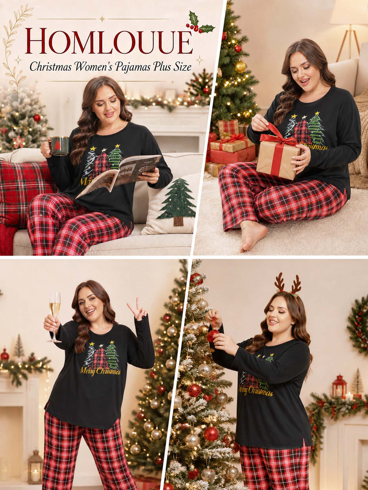 Homlouue Plus Size Womens Christmas Pajamas Loungewear for Winter Three Trees Printed Long Sleeve Top and Plaid Lounge Pants with Pockets 1X