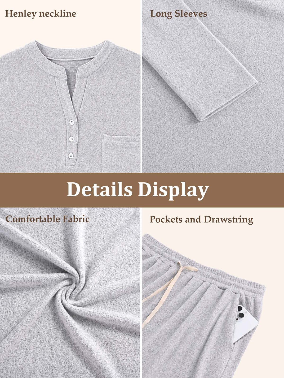 Homlouue Plus Size Lounge Sets for Women 2 Piece Outfit Henley Top Soft Pajamas with Pockets,Comfort Sleepwear for Home or Outdoors(3XL Gray)