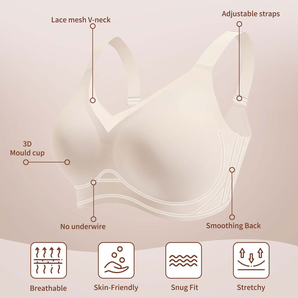 Homlouue Plus Size Bras for Women Sleep Soft Everyday Bra Deep V Mesh Nude Full Coverage Wirefree Bra 2XL