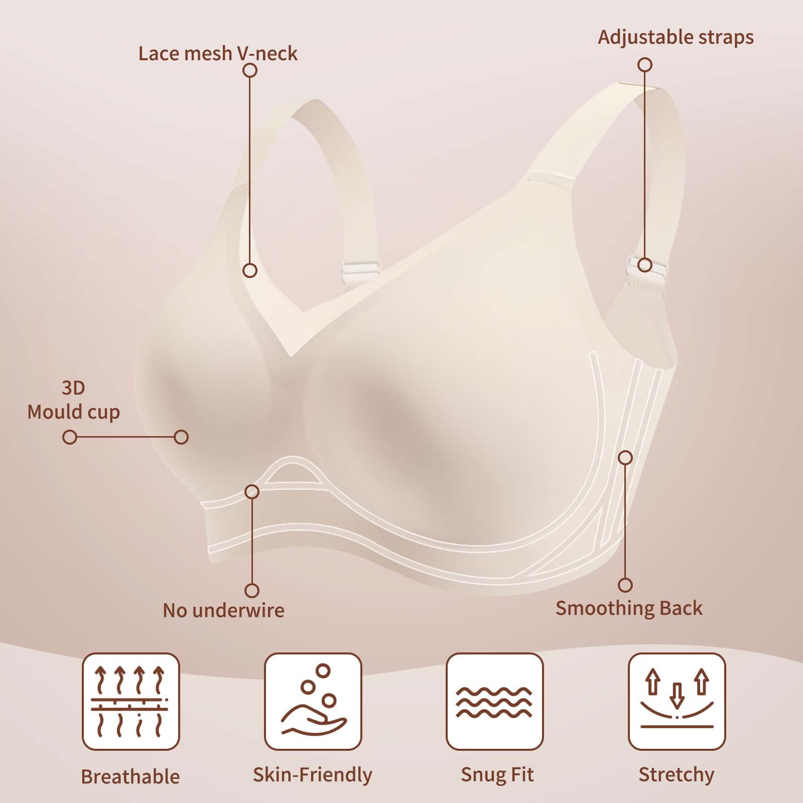 Homlouue Plus Size Bras for Women Sleep Soft Everyday Bra Deep V Mesh Nude Full Coverage Wirefree Bra 2XL