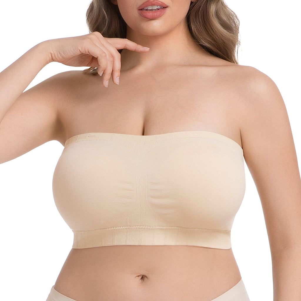 Homlouue Plus Size Strapless Bras for Women,Seamless Non-Slip Comfort Wireless Bandeau Bralette, Free Bra Straps(Beige,L,2 Pcs)