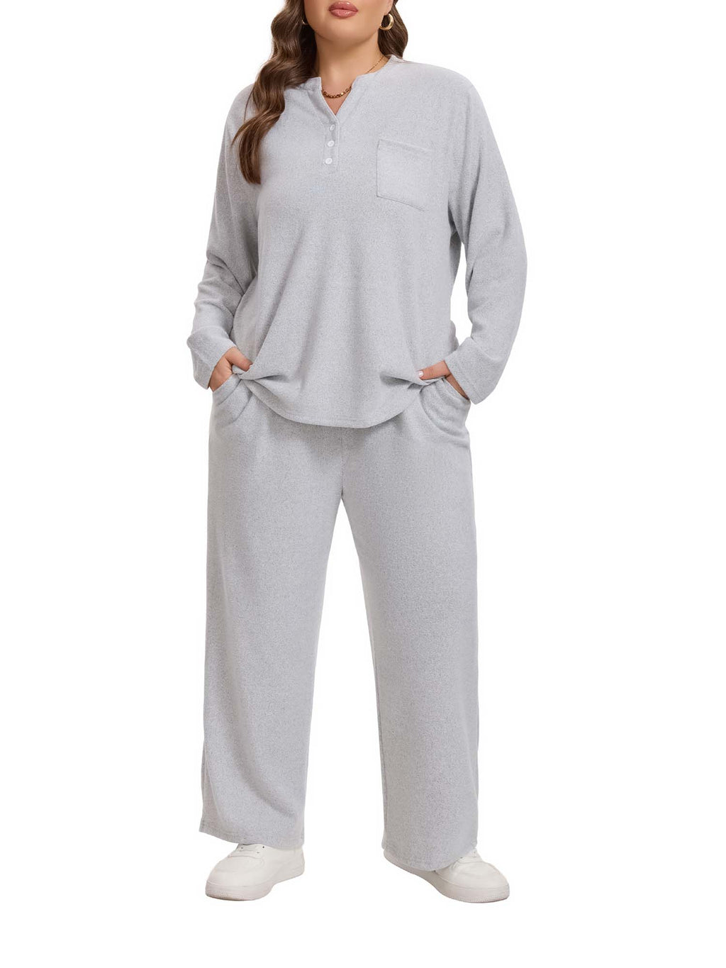 Homlouue Plus Size Lounge Sets for Women 2 Piece Outfit Henley Top Soft Pajamas with Pockets,Comfort Sleepwear for Home or Outdoors(3XL Gray)
