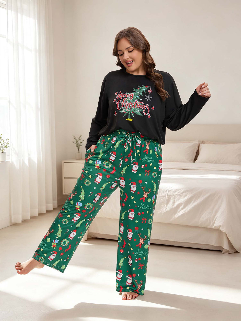 Homlouue Plus Size Christmas Pajamas for Women Green Tree Print Top and Santa Print Pants Soft Winter Sleepwear Holiday Gift Pjs Set 2X