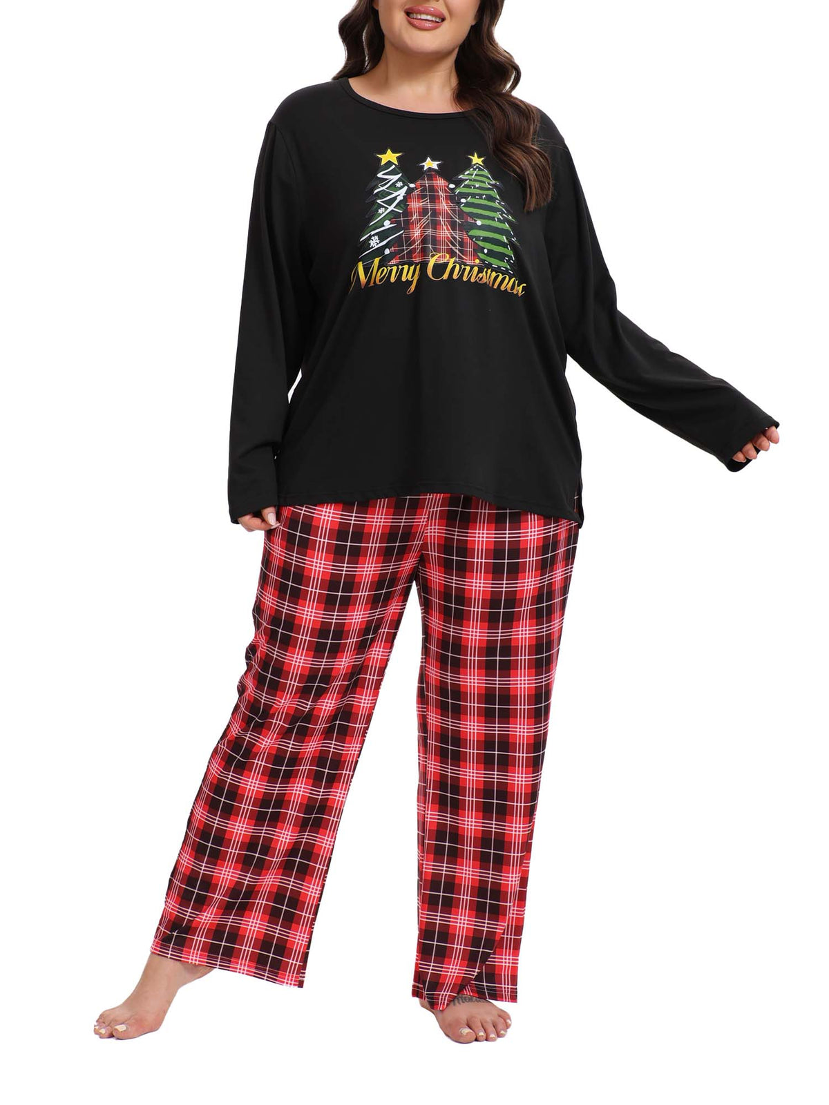 Homlouue Plus Size Womens Christmas Pajamas Loungewear for Winter Three Trees Printed Long Sleeve Top and Plaid Lounge Pants with Pockets 1X