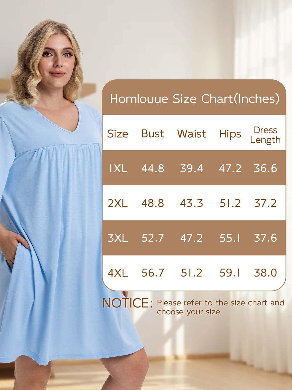 Homlouue Plus Size Nightgowns for Women,V-Neck with Pockets Short Sleeve Sleepwear(4XL,Blue)
