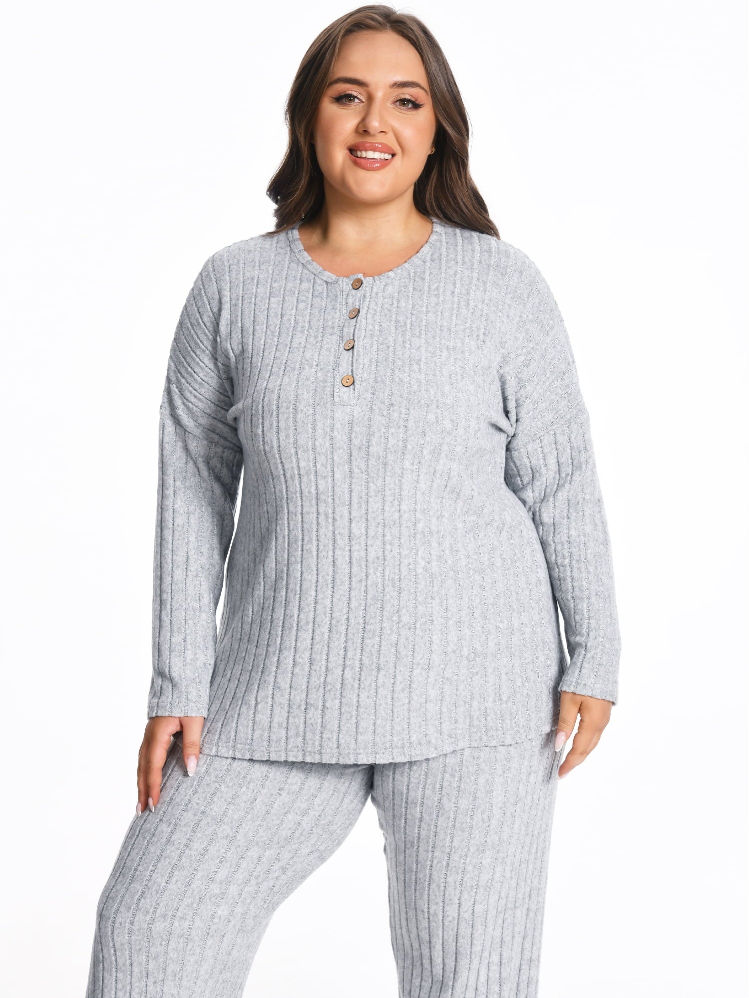 Homlouue Plus Size Lounge Sets for Women 2 Piece, Outfits for Women Solid Color Ribbed Wide Leg Pants and Long Sleeve, Perfect Gift for Family & Friends (Gray 0XL)