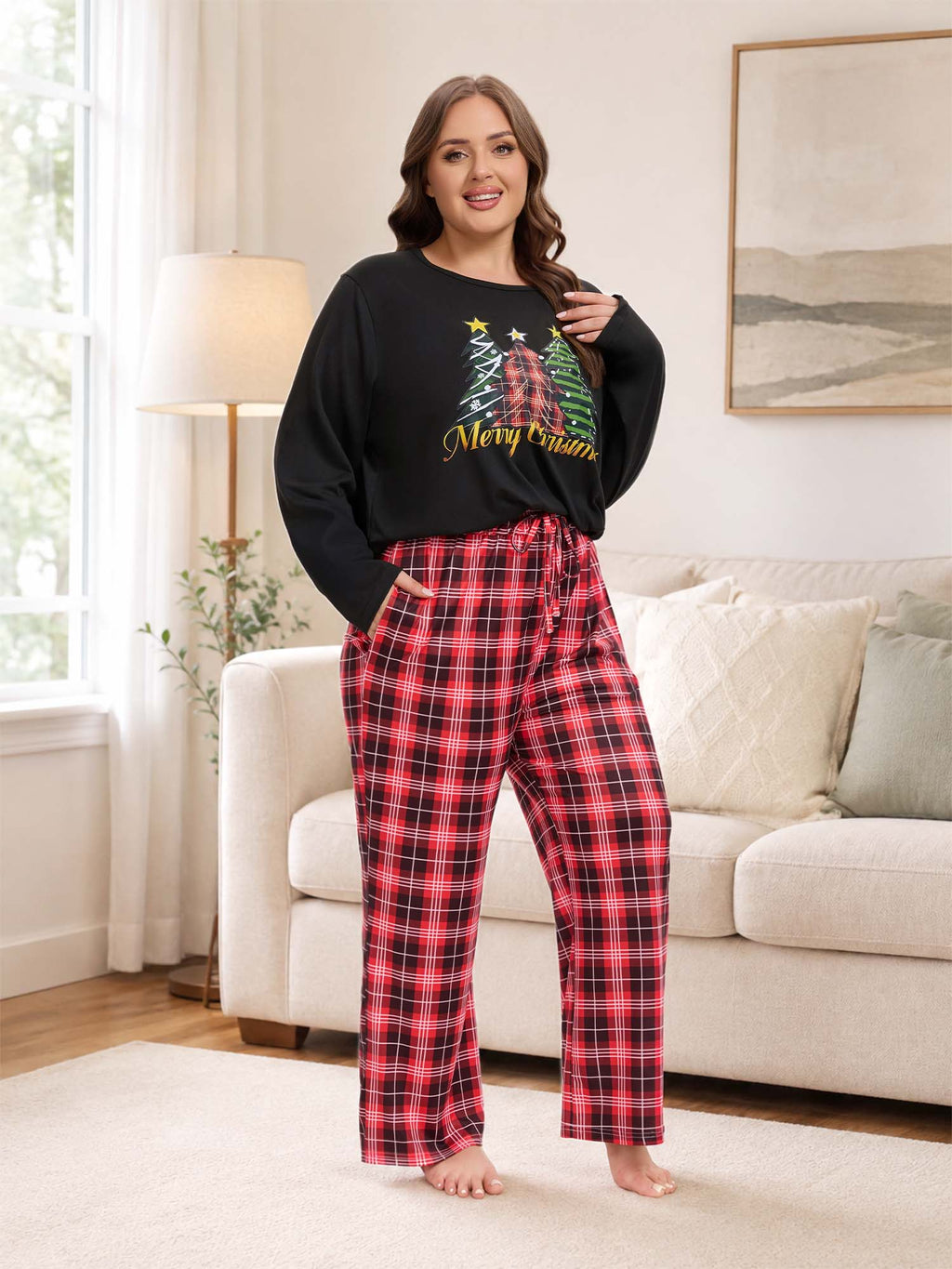 Homlouue Plus Size Womens Christmas Pajamas Loungewear for Winter Three Trees Printed Long Sleeve Top and Plaid Lounge Pants with Pockets 1X