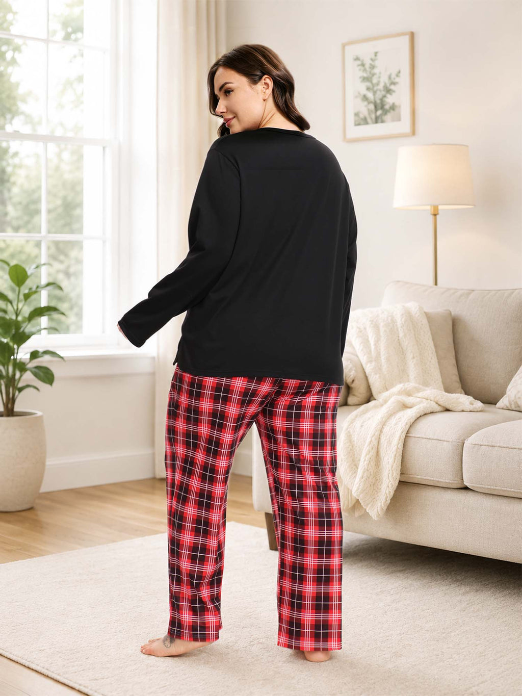 Homlouue Plus Size Womens Christmas Pajamas Loungewear for Winter Three Trees Printed Long Sleeve Top and Plaid Lounge Pants with Pockets 1X