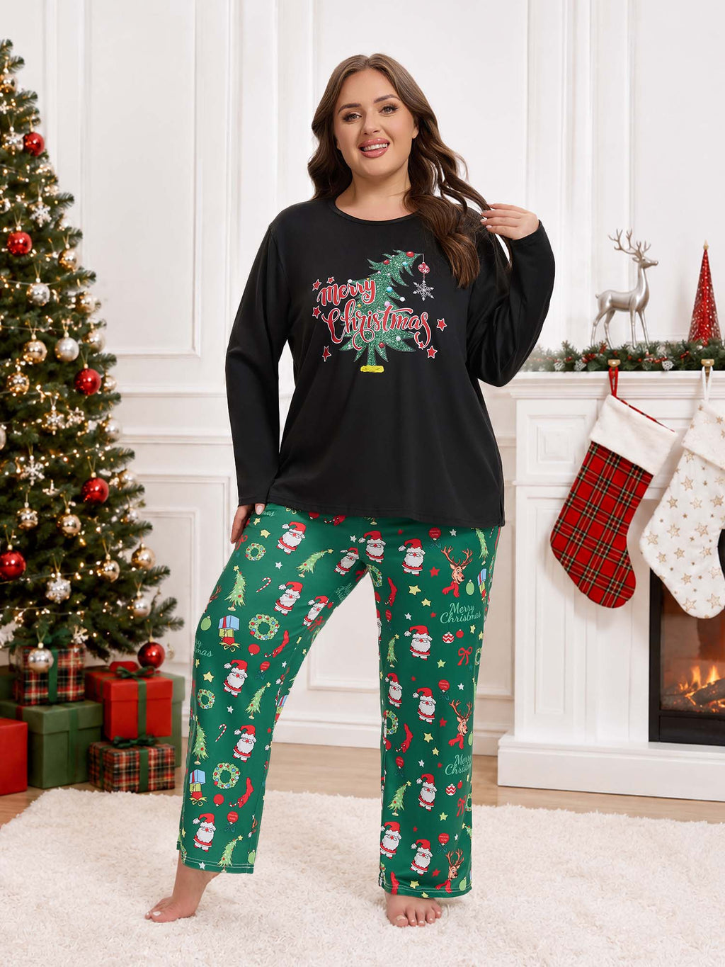 Homlouue Plus Size Christmas Pajamas for Women Green Tree Print Top and Santa Print Pants Soft Winter Sleepwear Holiday Gift Pjs Set 2X