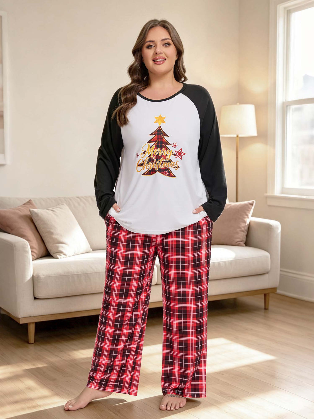 Homlouue Plus Size Christmas Pajamas for Women Two Piece Set Soft Holiday Sleepwear with Pockets Long Sleeve Red Tree Print Top and Plaid Pants 1X