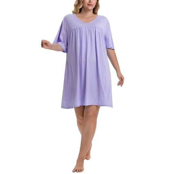 Homlouue Plus Size Nightgowns for Women,V-Neck with Pockets Short Sleeve Sleepwear(2XL,Purple)