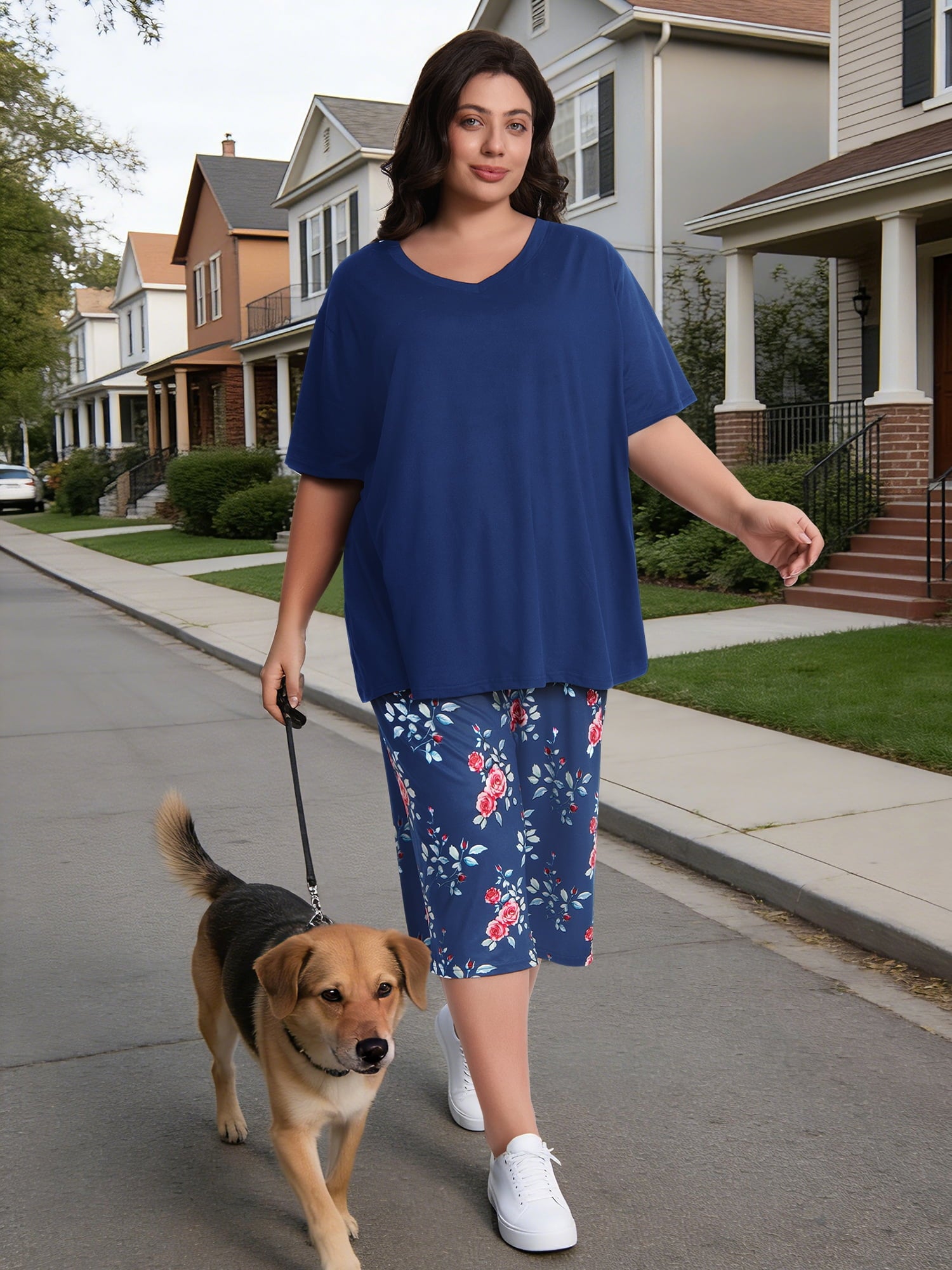 Homlouue Plus Size Womens Pajama Sets,V-Neck Sleepwear Top&Capri Printed Pants with Pockets,2 Piece Womens Lounge Set(0XL,Blue)