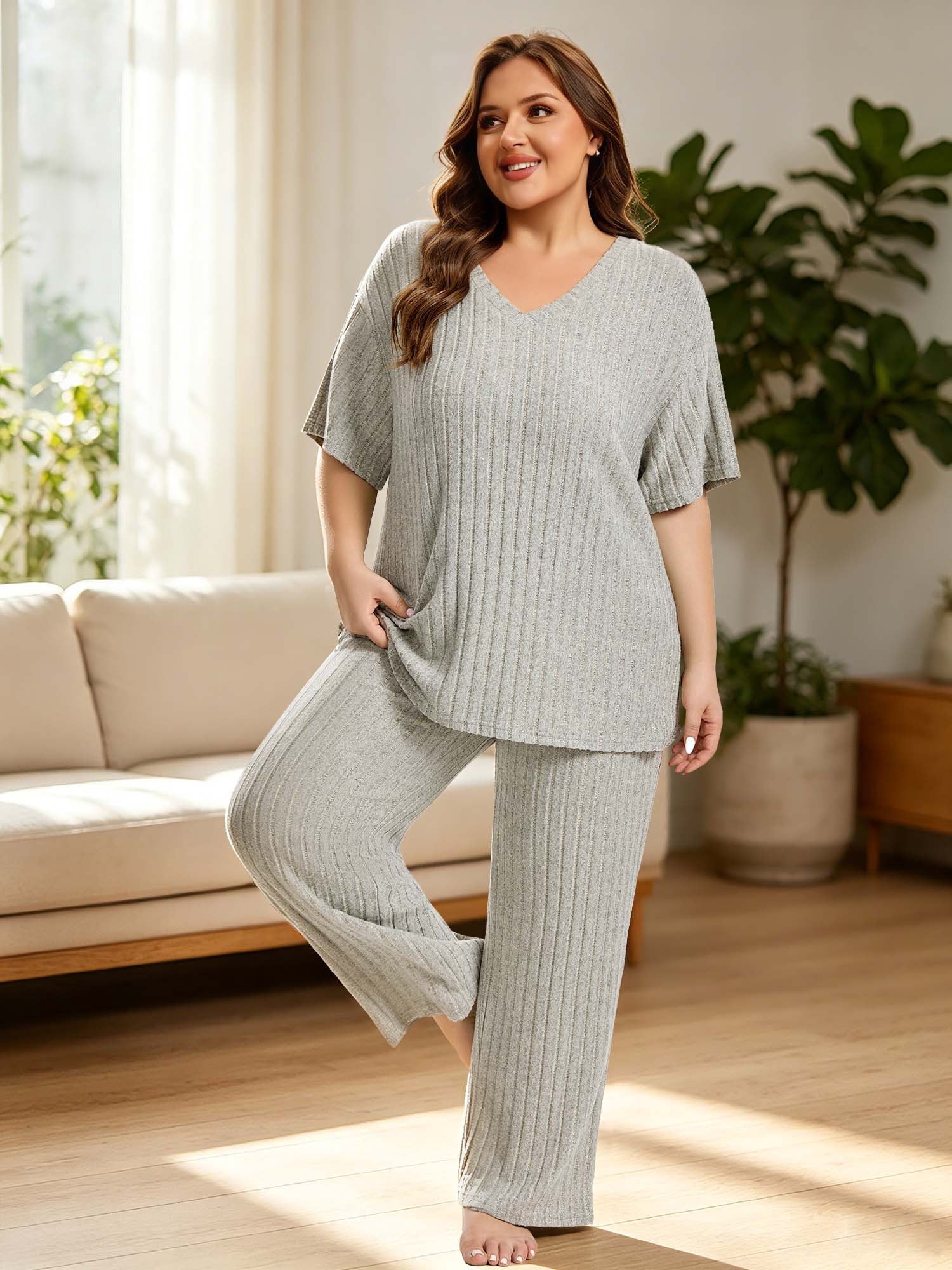 Homlouue Lounge Sets for Women Plus Size,2 Piece Outfit V-Neck Short Sleeve with Long Pants,Comfortable Ribbed Loungewear for Home or Outdoor(2XL,Green)