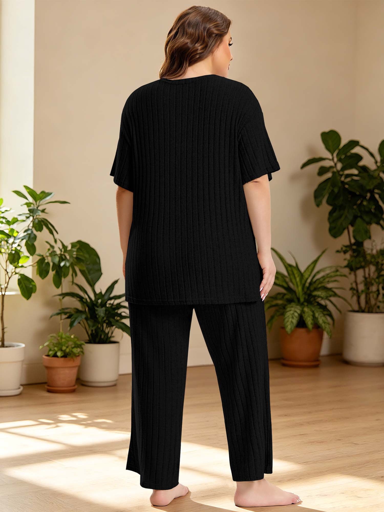 Homlouue Lounge Sets for Women Plus Size,2 Piece Outfit V-Neck Short Sleeve with Long Pants,Comfortable Ribbed Loungewear for Home or Outdoor(1XL,Black)