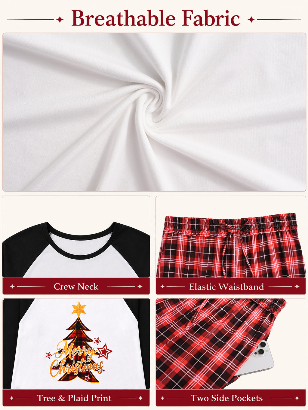 Homlouue Plus Size Christmas Pajamas for Women Two Piece Set Soft Holiday Sleepwear with Pockets Long Sleeve Red Tree Print Top and Plaid Pants 1X
