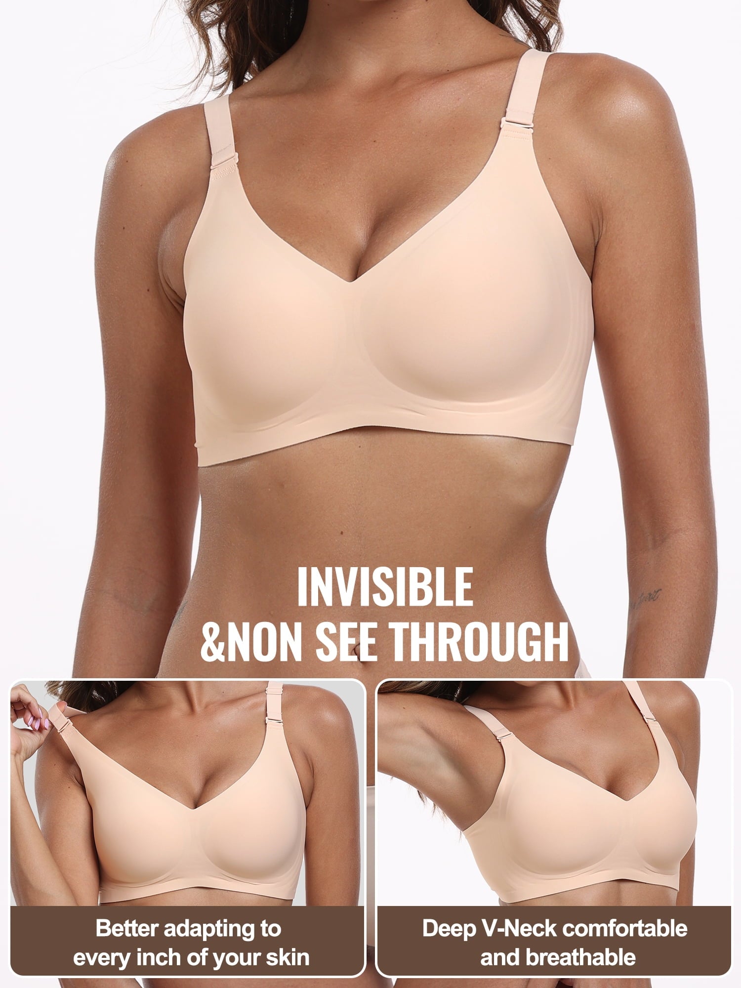 Homlouue Wireless Bras for Women Push Up Deep V Sleep Soft Bra Nude Full Coverage Everyday Bra 2XL