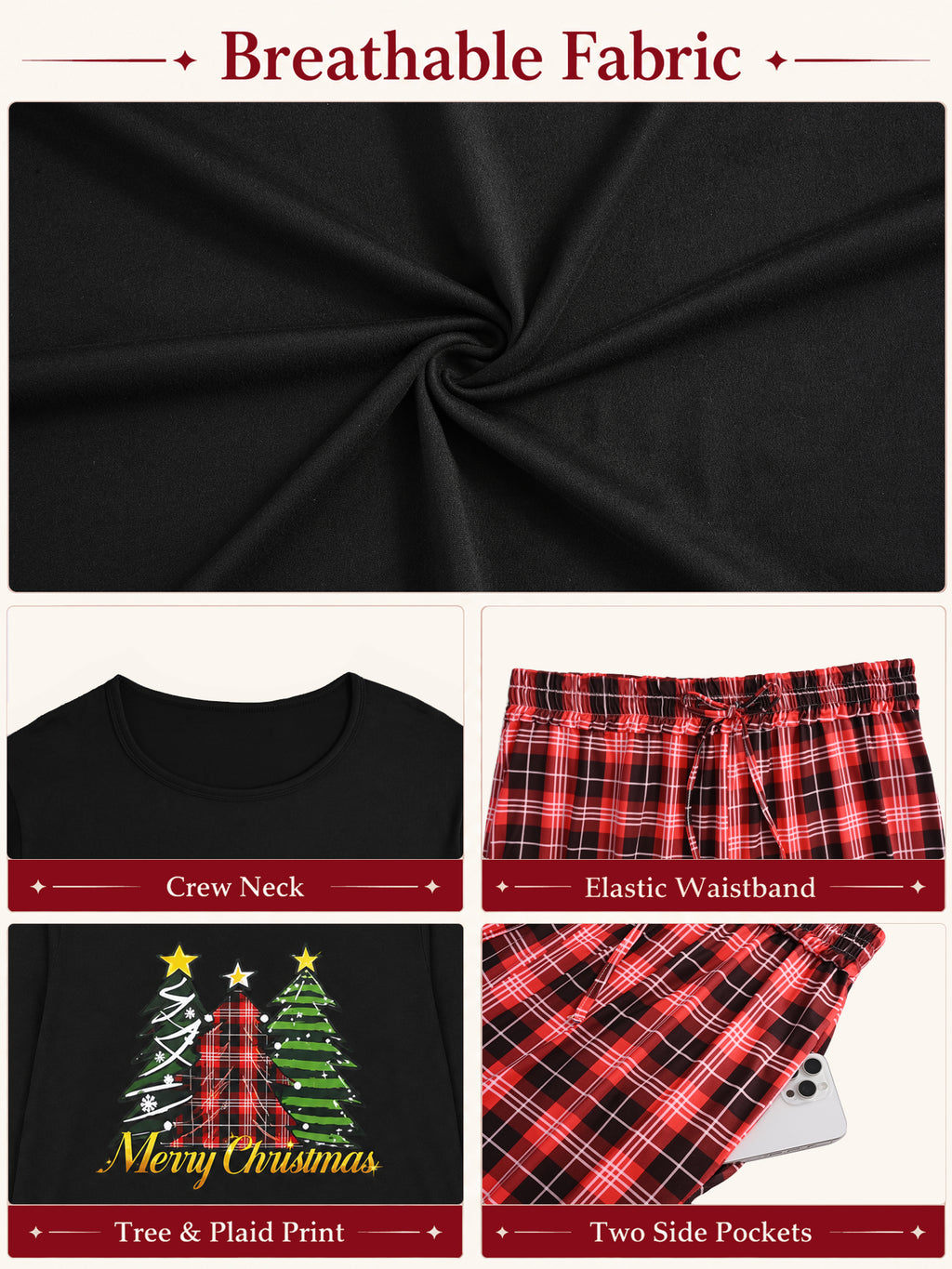 Homlouue Plus Size Womens Christmas Pajamas Loungewear for Winter Three Trees Printed Long Sleeve Top and Plaid Lounge Pants with Pockets 1X