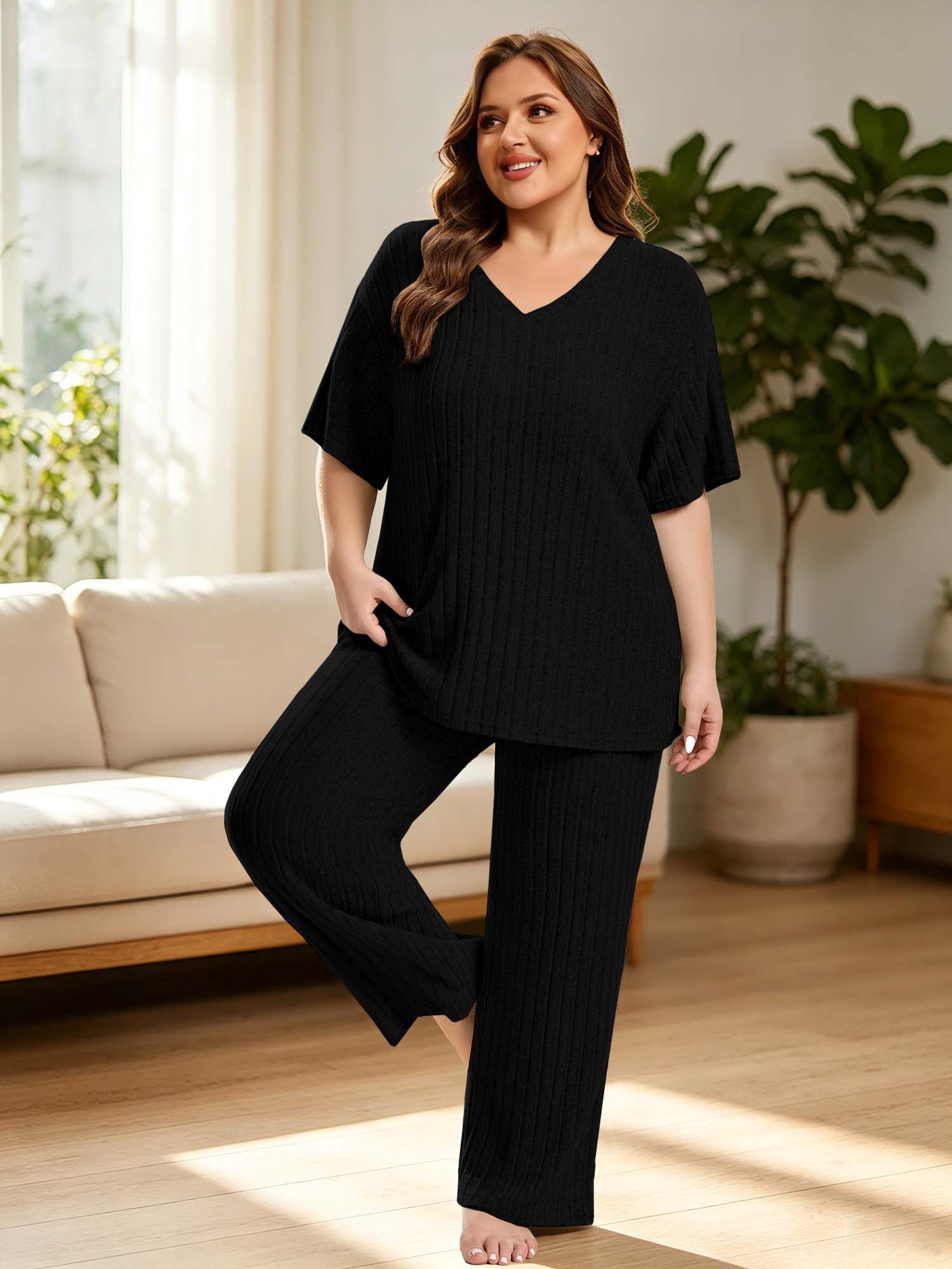 Homlouue Lounge Sets for Women Plus Size,2 Piece Outfit V-Neck Short Sleeve with Long Pants,Comfortable Ribbed Loungewear for Home or Outdoor(3XL,Black)