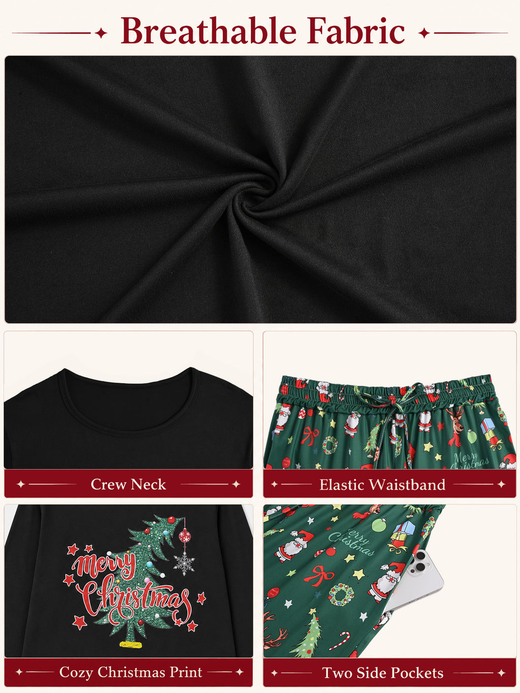 Homlouue Plus Size Christmas Pajamas for Women Green Tree Print Top and Santa Print Pants Soft Winter Sleepwear Holiday Gift Pjs Set 2X