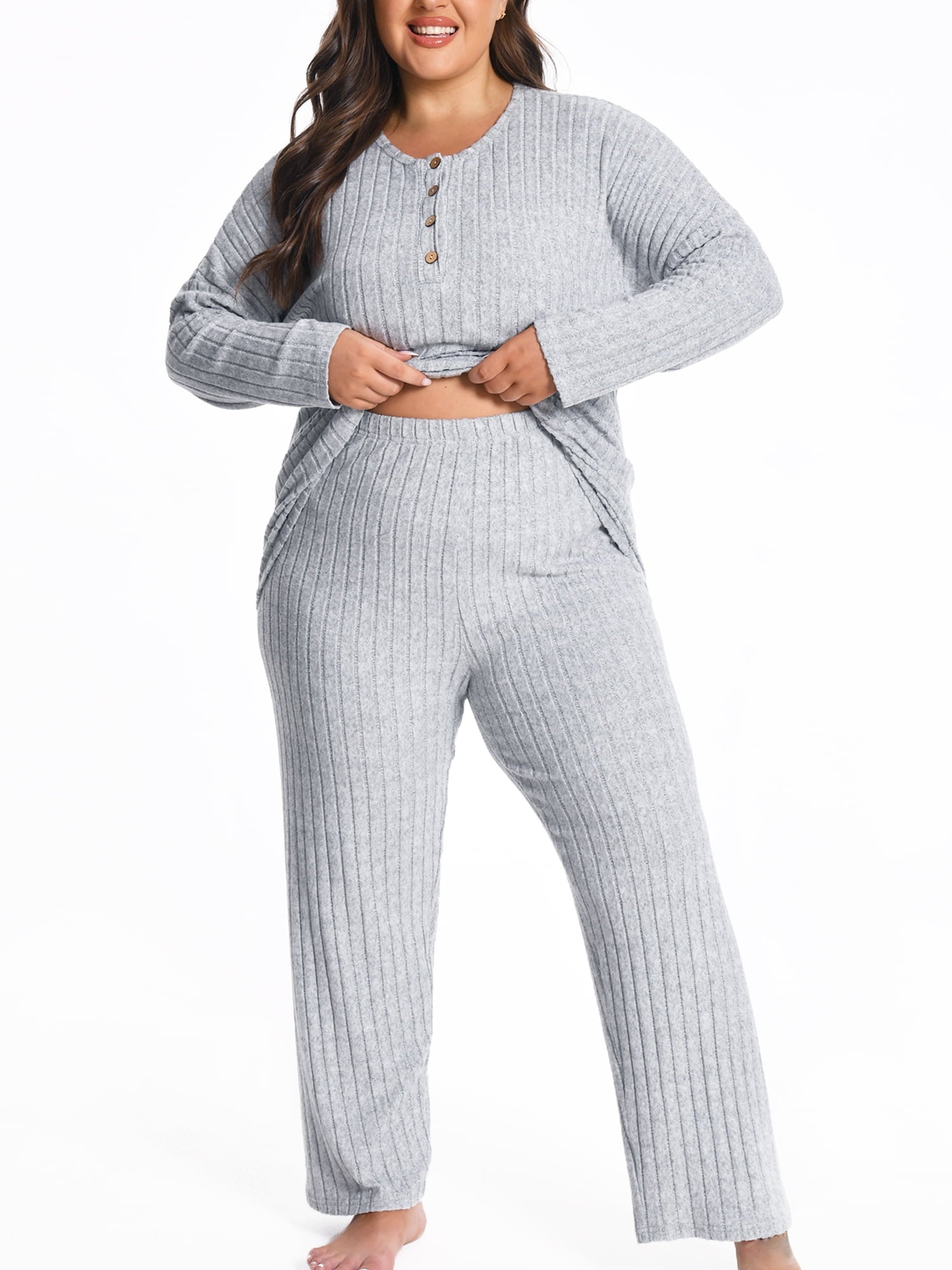 Homlouue Plus Size Lounge Sets for Women 2 Piece,Outfits for Women Solid Color Ribbed Wide Leg Pants and Long Sleeve, Perfect Gift for Family & Friends (Gray 1XL)