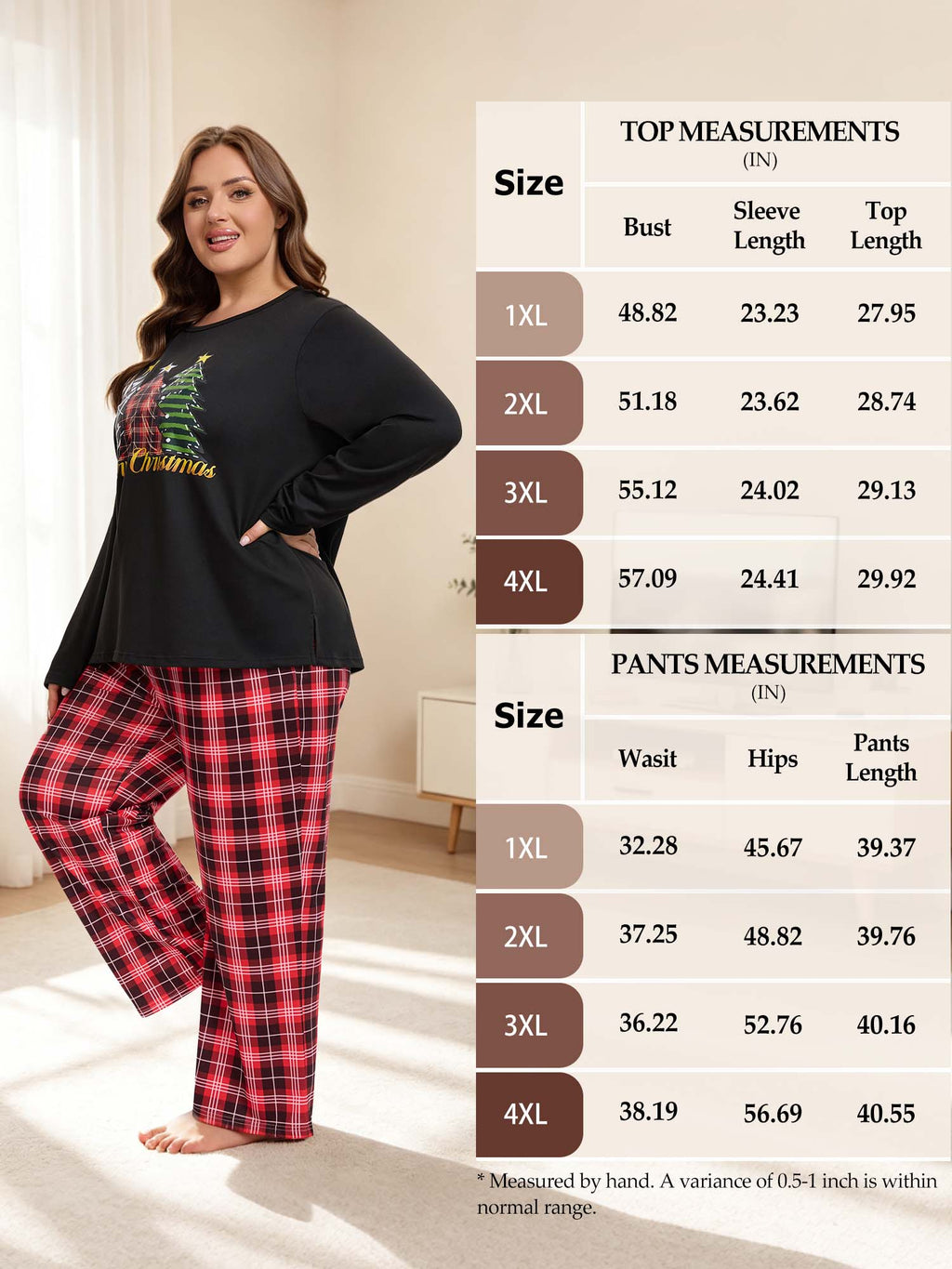 Homlouue Plus Size Womens Christmas Pajamas Loungewear for Winter Three Trees Printed Long Sleeve Top and Plaid Lounge Pants with Pockets 1X