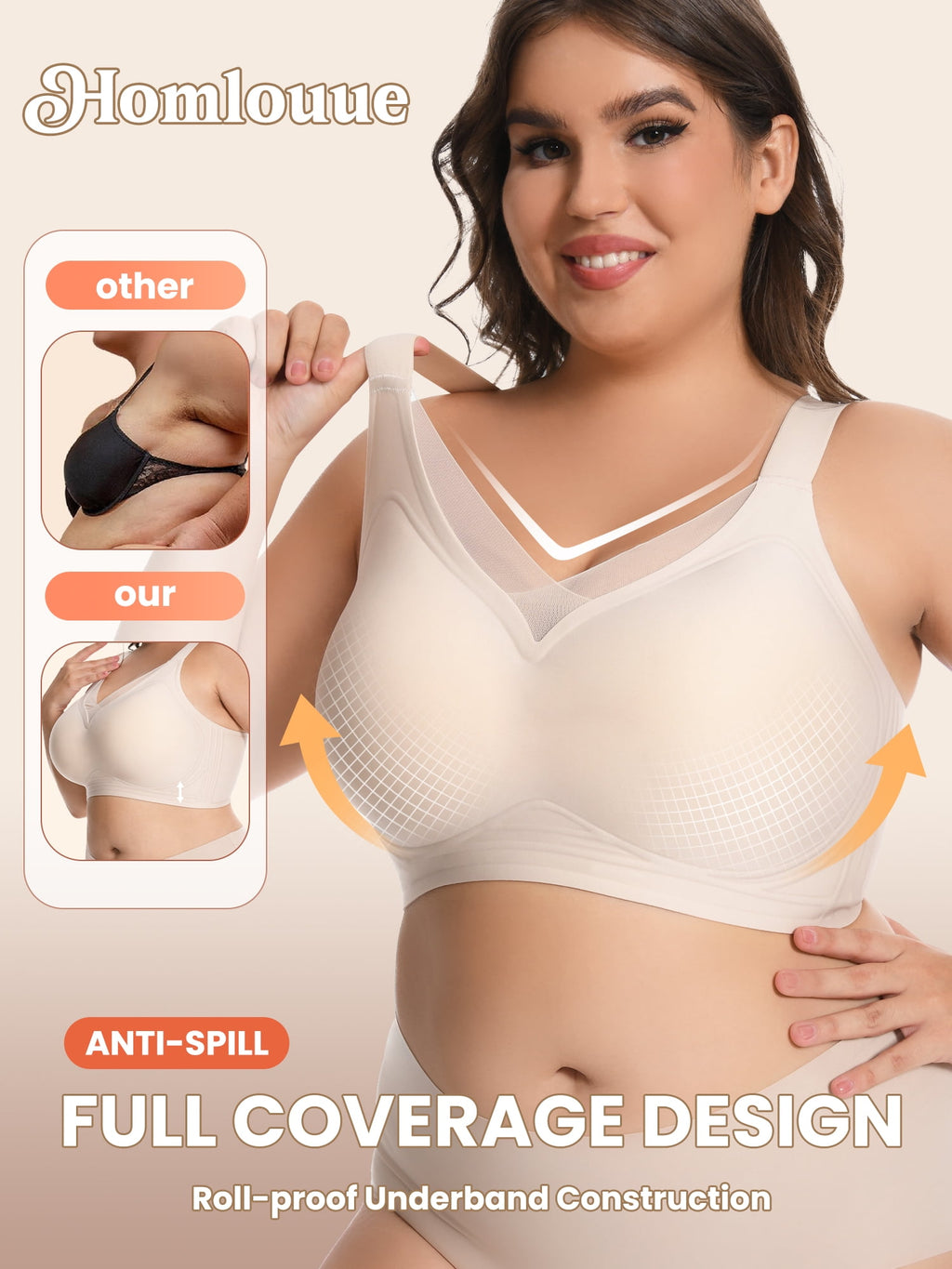 Homlouue Plus Size Bras for Women Sleep Soft Everyday Bra Deep V Mesh Nude Full Coverage Wirefree Bra L