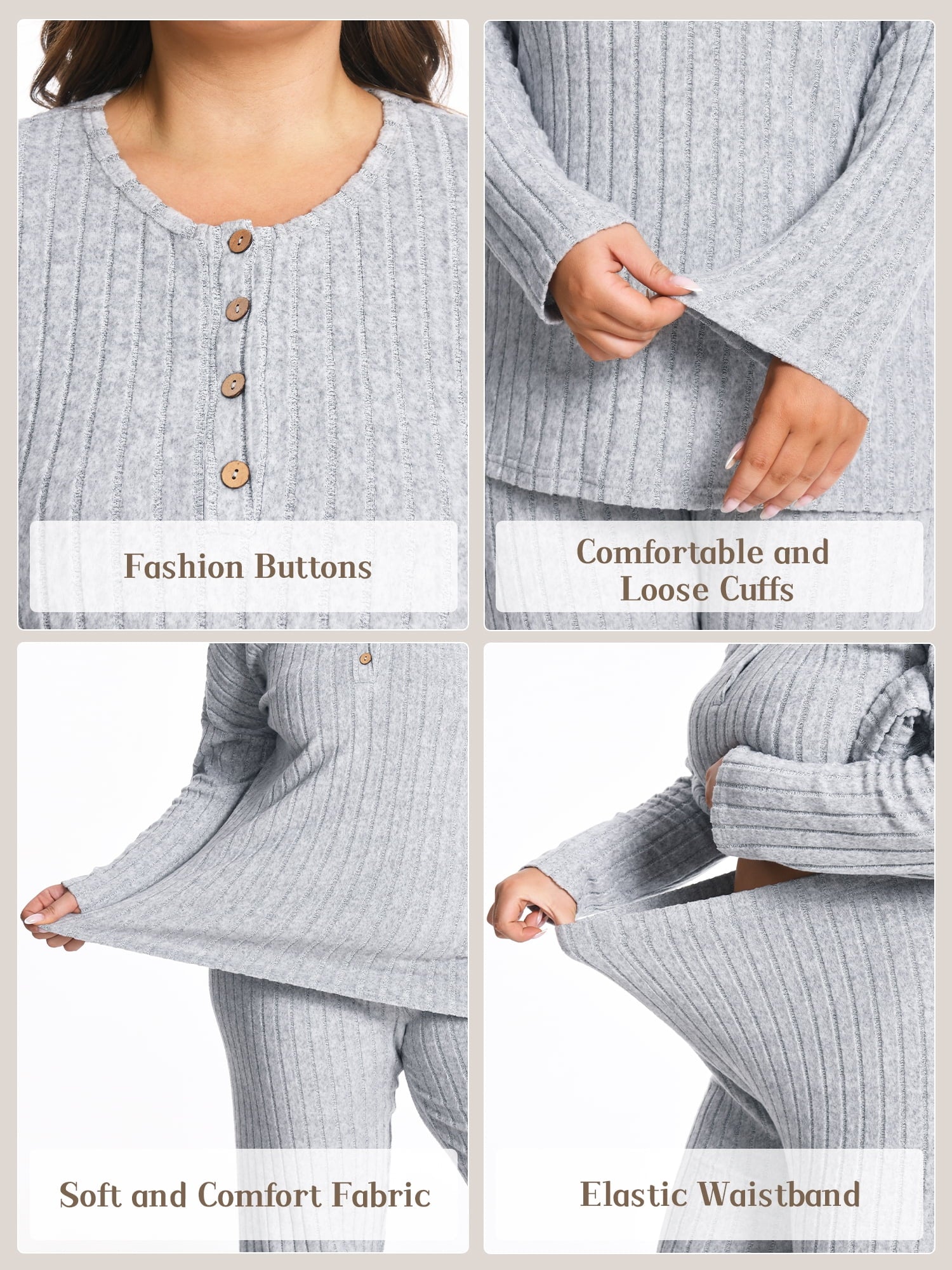 Homlouue Plus Size Lounge Sets for Women 2 Piece,Outfits for Women Solid Color Ribbed Wide Leg Pants and Long Sleeve, Perfect Gift for Family & Friends (Gray 1XL)