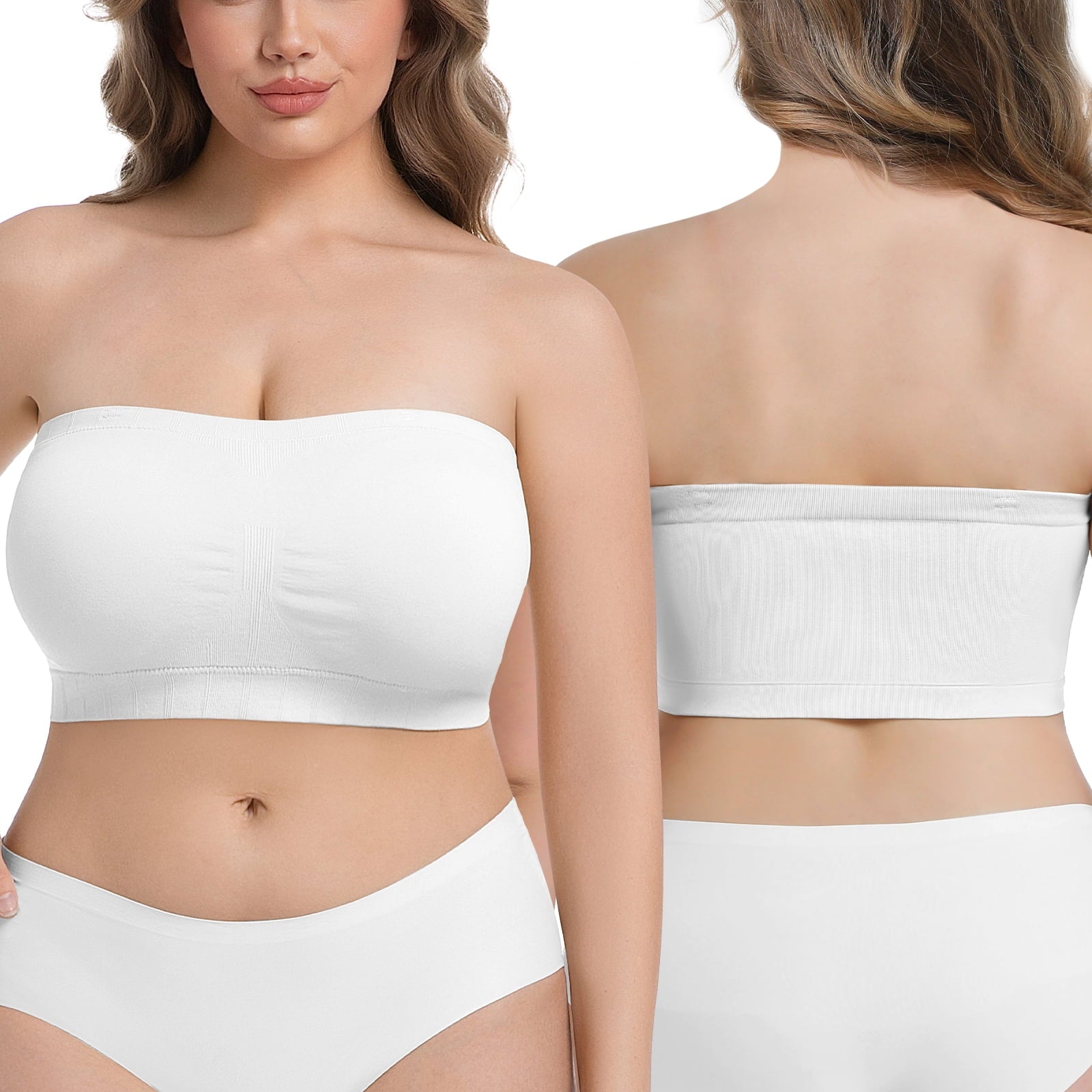 Homlouue Plus Size Strapless Bras for Women,Seamless Non-Slip Comfort Wireless Bandeau Bralette, Free Bra Straps(White,XL,2 Pcs)