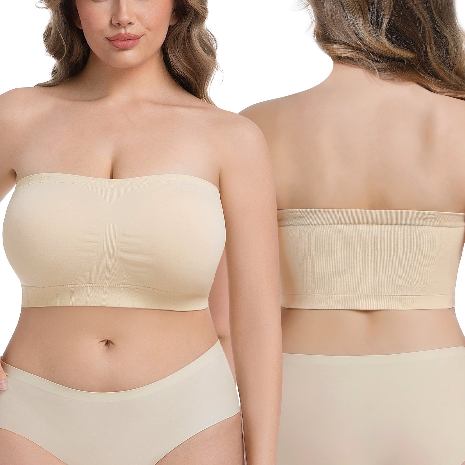 Homlouue Plus Size Strapless Bras for Women,Seamless Non-Slip Comfort Wireless Bandeau Bralette, Free Bra Straps(Beige,L,2 Pcs)