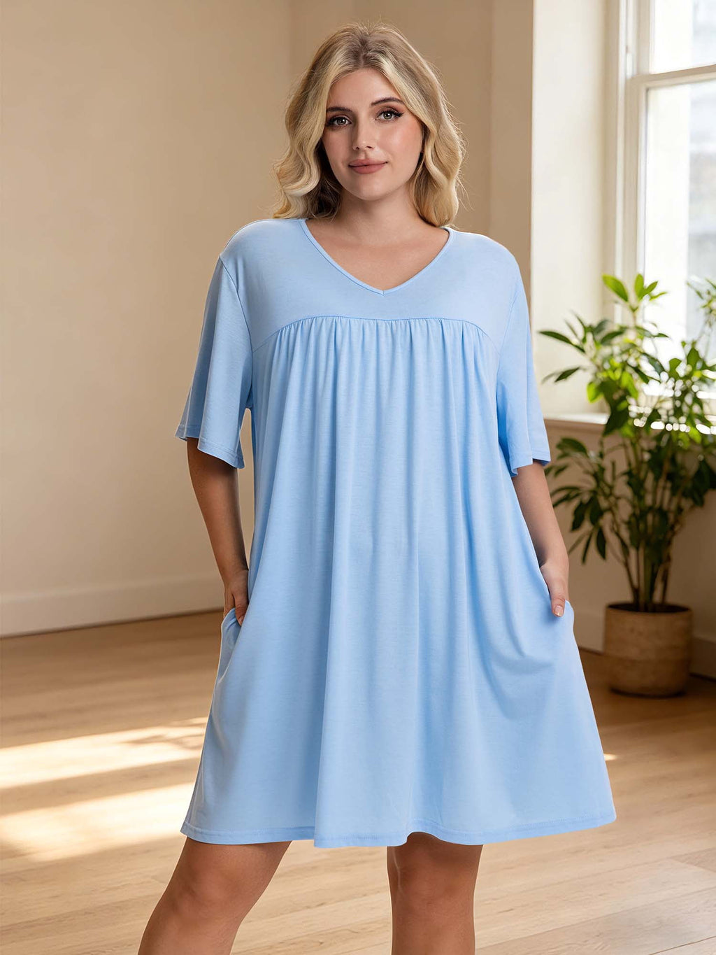 Homlouue Plus Size Nightgowns for Women,V-Neck with Pockets Short Sleeve Sleepwear(3XL,Blue)
