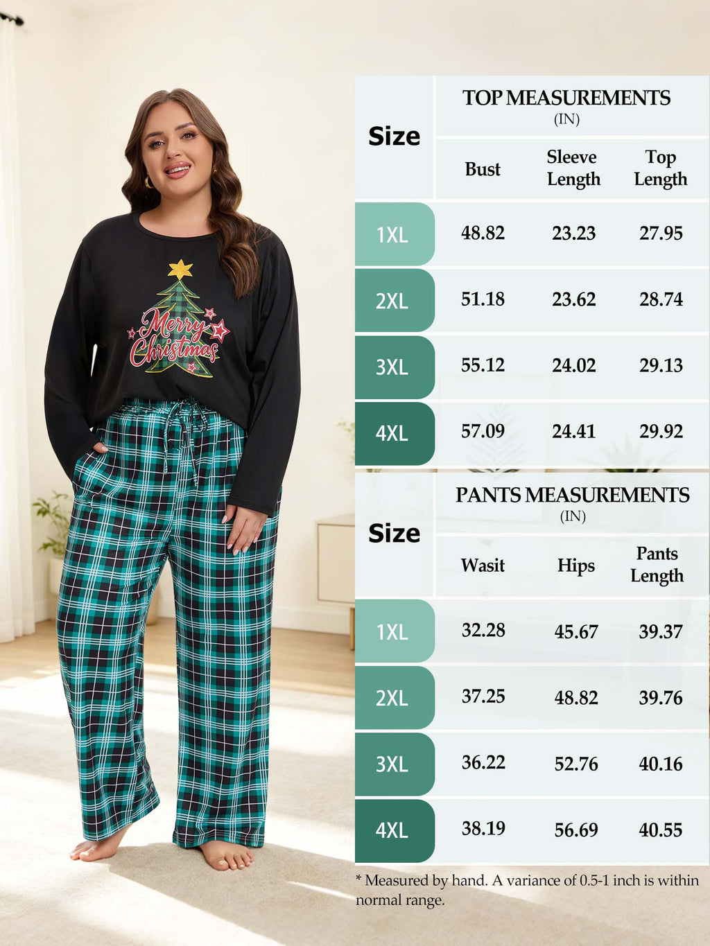 Homlouue Plus Size Christmas Pajamas Soft Long Sleeve Lounge Sets for Women Green Tree and Plaid Pants Winter Sleepwear with Pockets 2X