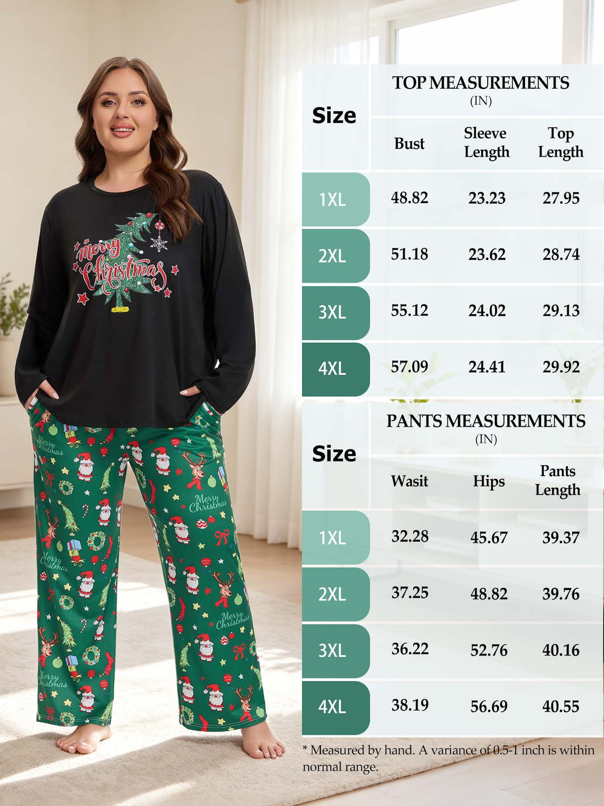Homlouue Plus Size Christmas Pajamas for Women Green Tree Print Top and Santa Print Pants Soft Winter Sleepwear Holiday Gift Pjs Set 2X
