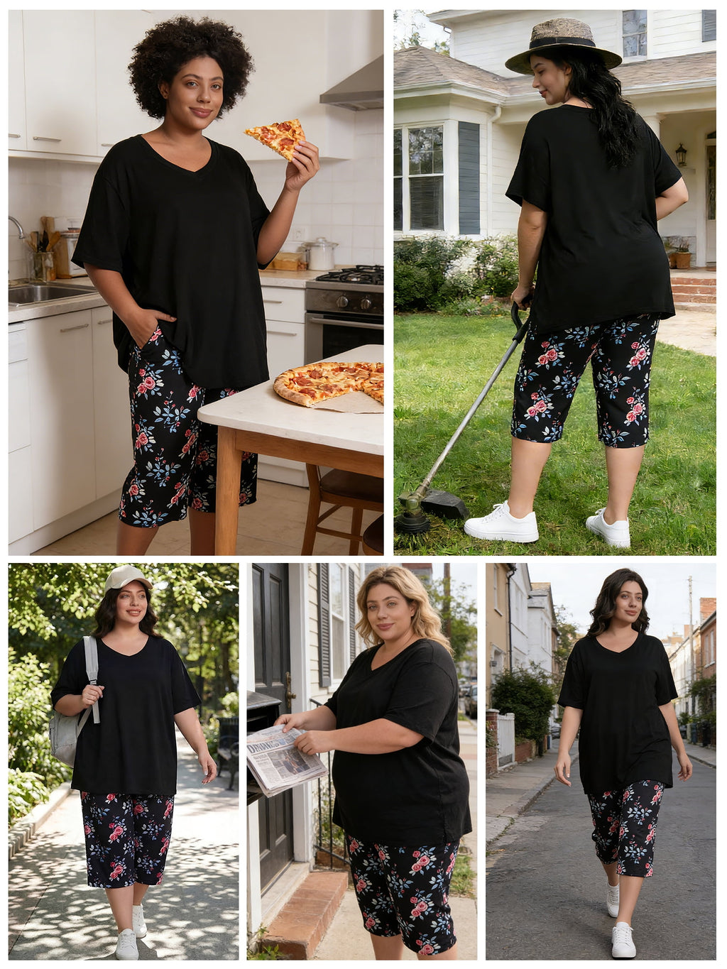 Homlouue Plus Size Womens Pajama Sets,V-Neck Sleepwear Top&Capri Printed Pants with Pockets,2 Piece Womens Lounge Set(3XL,Blue)