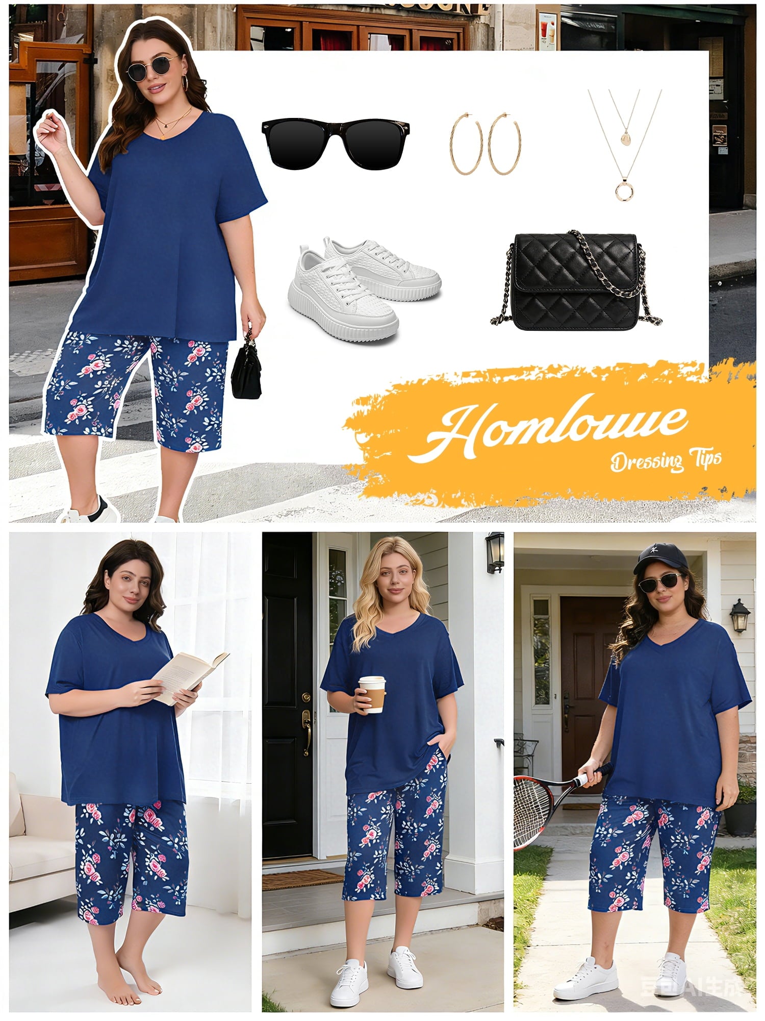 Homlouue Plus Size Womens Pajama Sets,V-Neck Sleepwear Top&Capri Printed Pants with Pockets,2 Piece Womens Lounge Set(2XL,Blue)