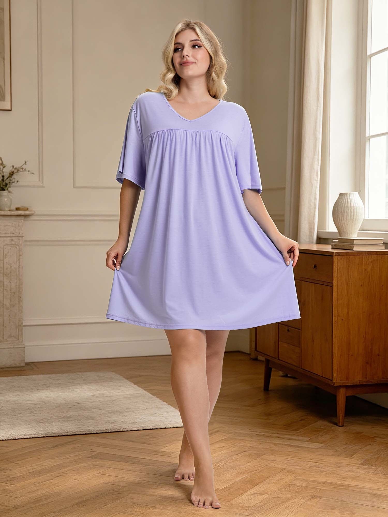 Homlouue Plus Size Nightgowns for Women,V-Neck with Pockets Short Sleeve Sleepwear(4XL,Purple)