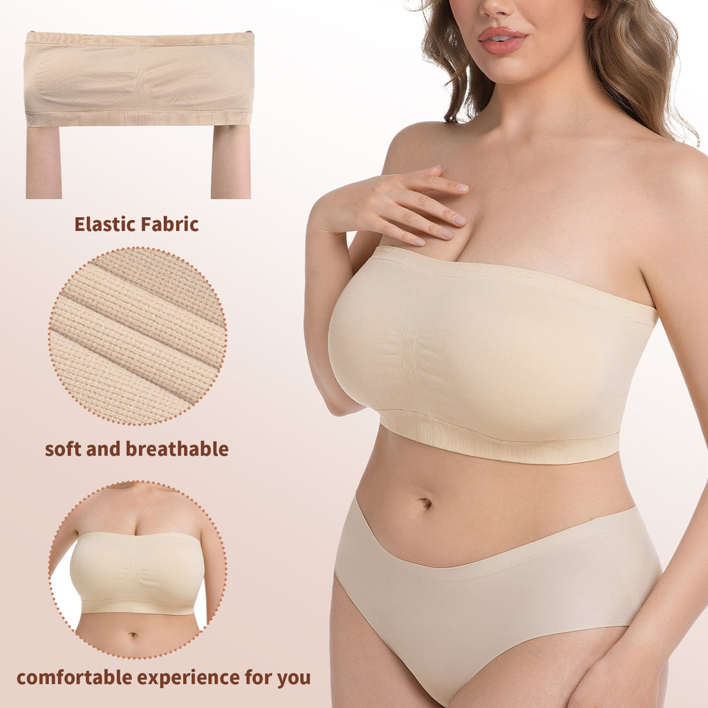 Homlouue Plus Size Strapless Bras for Women,Seamless Non-Slip Comfort Wireless Bandeau Bralette, Free Bra Straps(Black and Beige,3XL,2 Pcs)