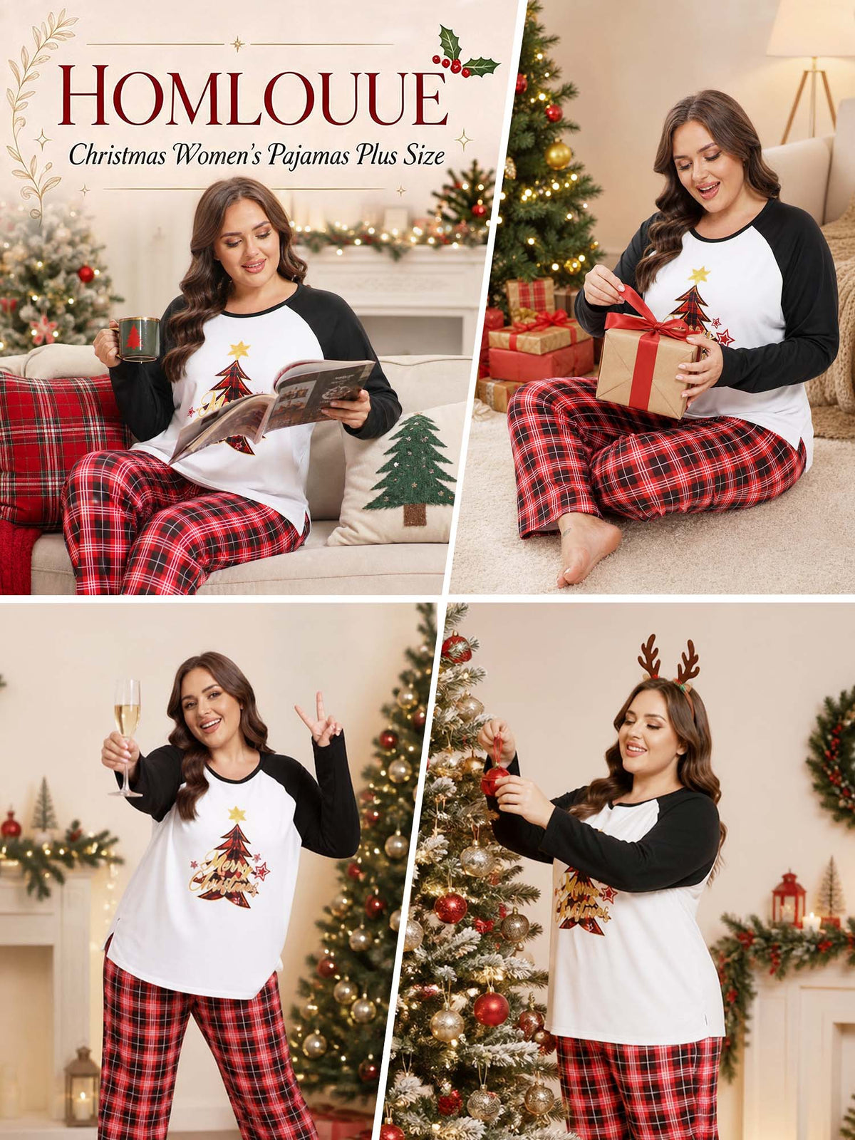 Homlouue Plus Size Christmas Pajamas for Women Two Piece Set Soft Holiday Sleepwear with Pockets Long Sleeve Red Tree Print Top and Plaid Pants 1X