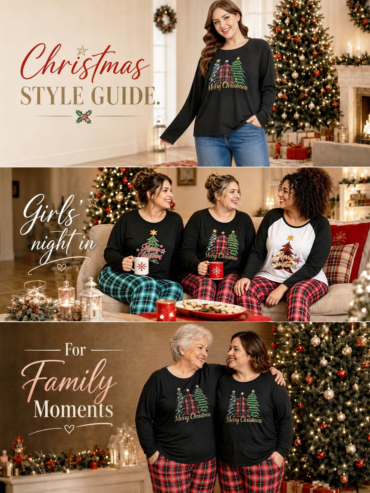 Homlouue Plus Size Womens Christmas Pajamas Loungewear for Winter Three Trees Printed Long Sleeve Top and Plaid Lounge Pants with Pockets 1X