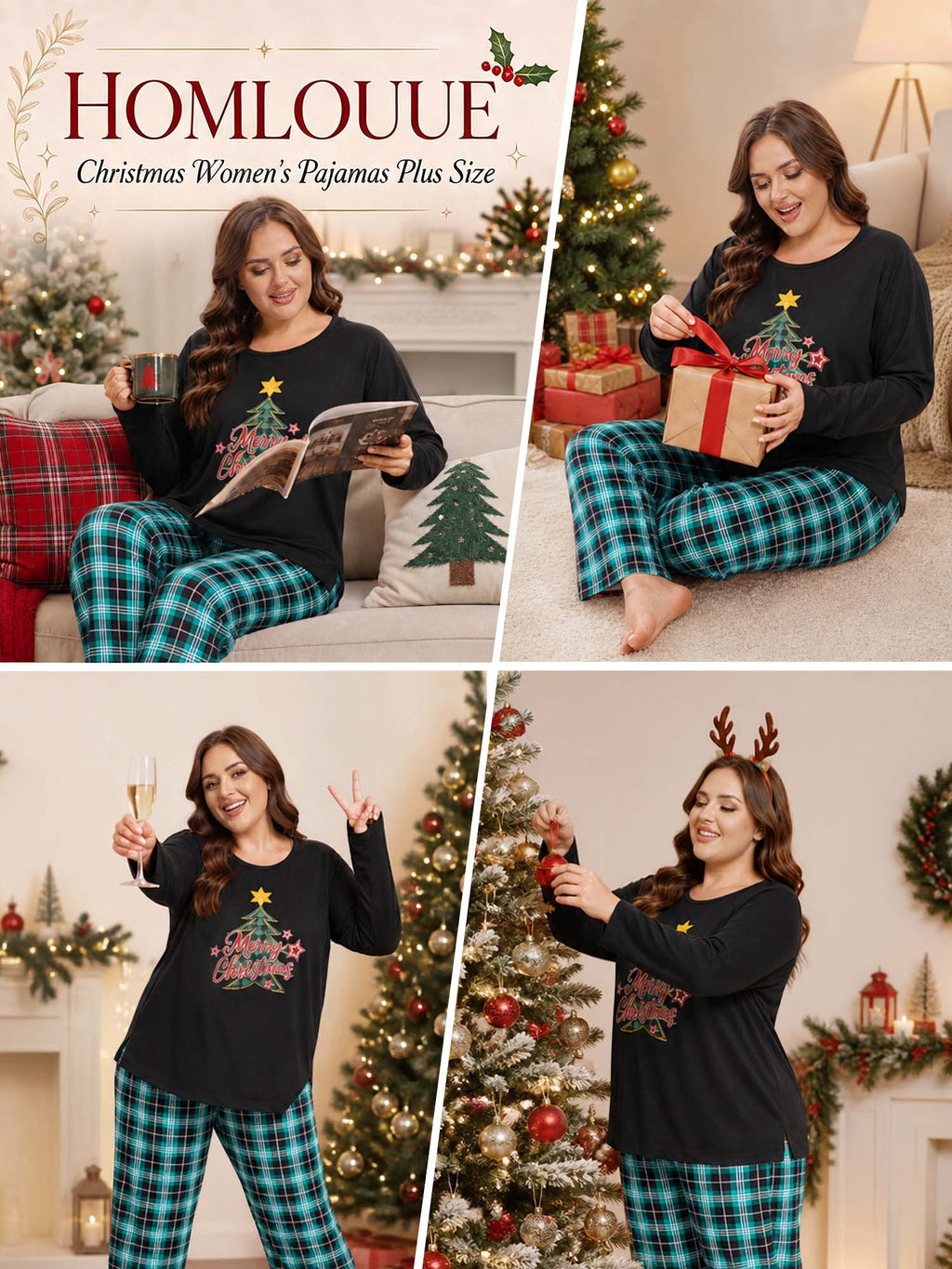 Homlouue Plus Size Christmas Pajamas Soft Long Sleeve Lounge Sets for Women Green Tree and Plaid Pants Winter Sleepwear with Pockets 2X