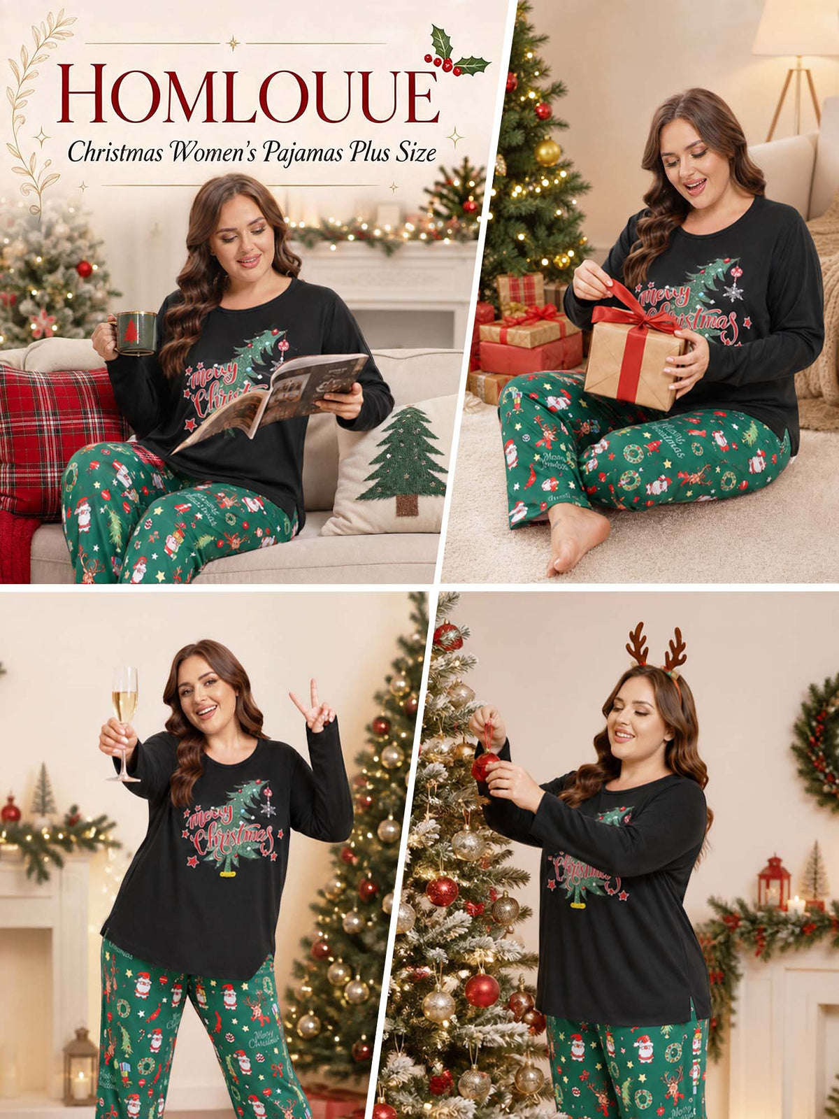 Homlouue Plus Size Christmas Pajamas for Women Green Tree Print Top and Santa Print Pants Soft Winter Sleepwear Holiday Gift Pjs Set 2X