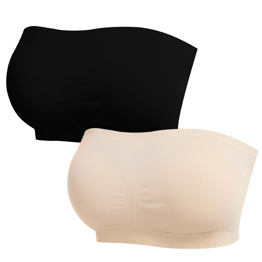 Homlouue Plus Size Strapless Bras for Women,Seamless Non-Slip Comfort Wireless Bandeau Bralette, Free Bra Straps(Black and Beige,2XL,2 Pcs)