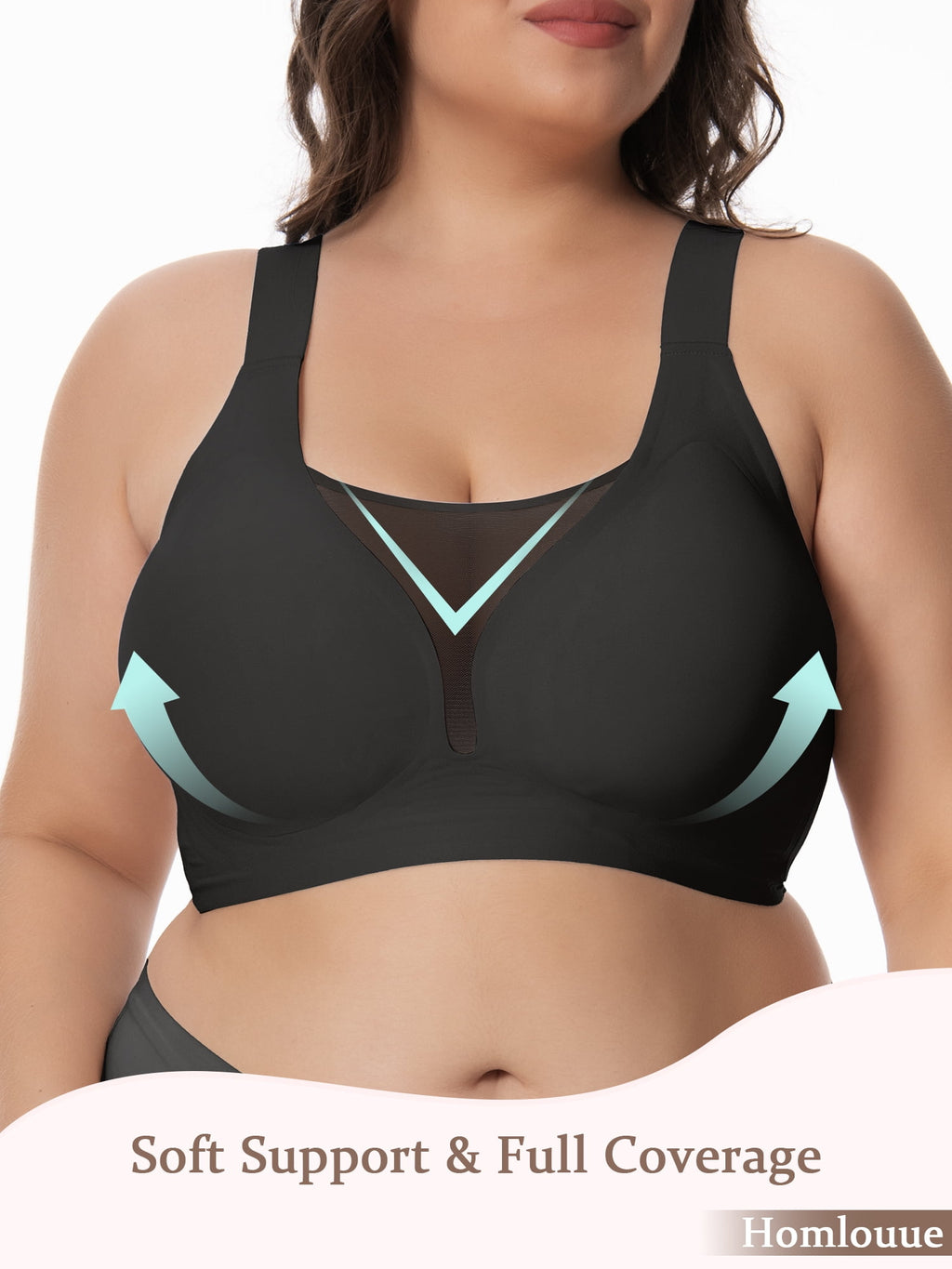 Homlouue Bras for Women Plus Size Push Up Bra Wireless with Support Bras for Women Full Coverage and Lift Deep V Mesh (Black 2XL)
